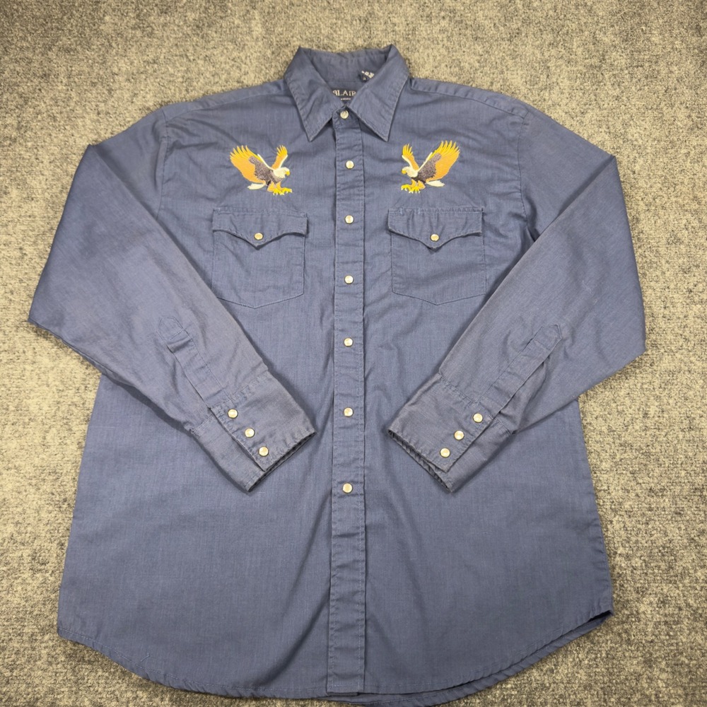 Blair Western Snap Shirt Blue Embroidered Eagle Long Sleeve Medium Americana